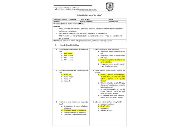 Evaluación Plan Lector "Sin azúcar"