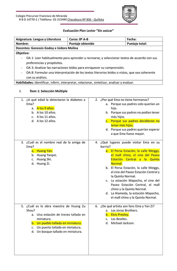 Evaluación Plan Lector "Sin azúcar"
