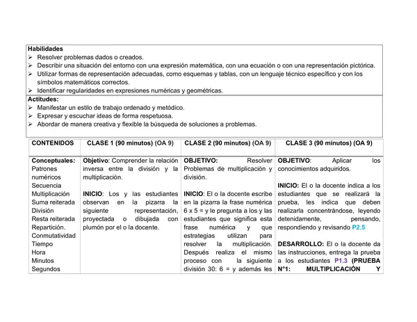 Planificación Clase a Clase: Septiembre | Matemática Tercero Básico