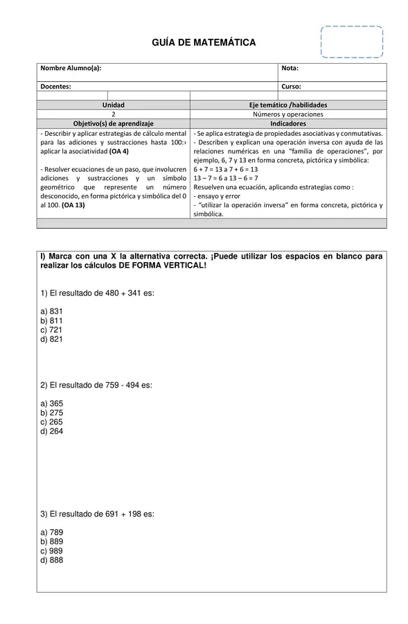 Guía números y operaciones 3° año