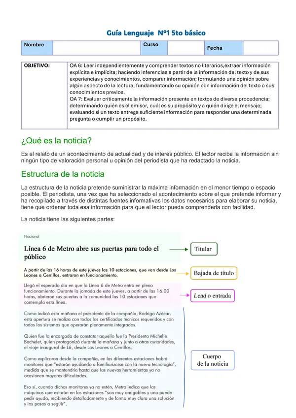 Guia la noticia lenguaje 5to