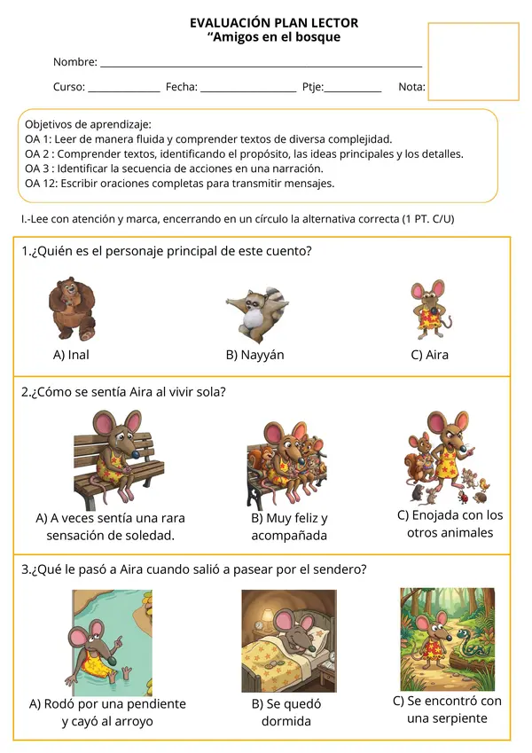 Evaluación Plan Lector "Amigos en el bosque" 
