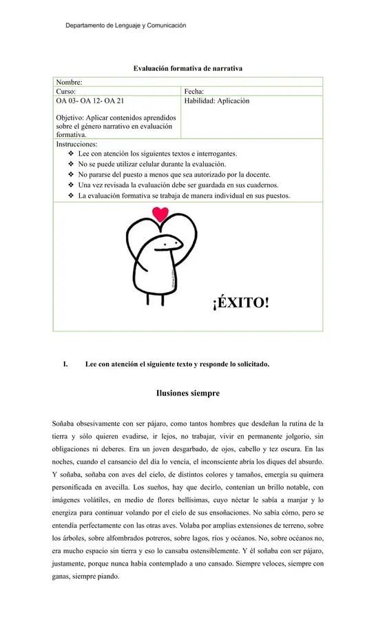 Evaluación de Narrativa: Comprensión, Tipos de Narrador, Tópicos Literarios y Escritura Creativa