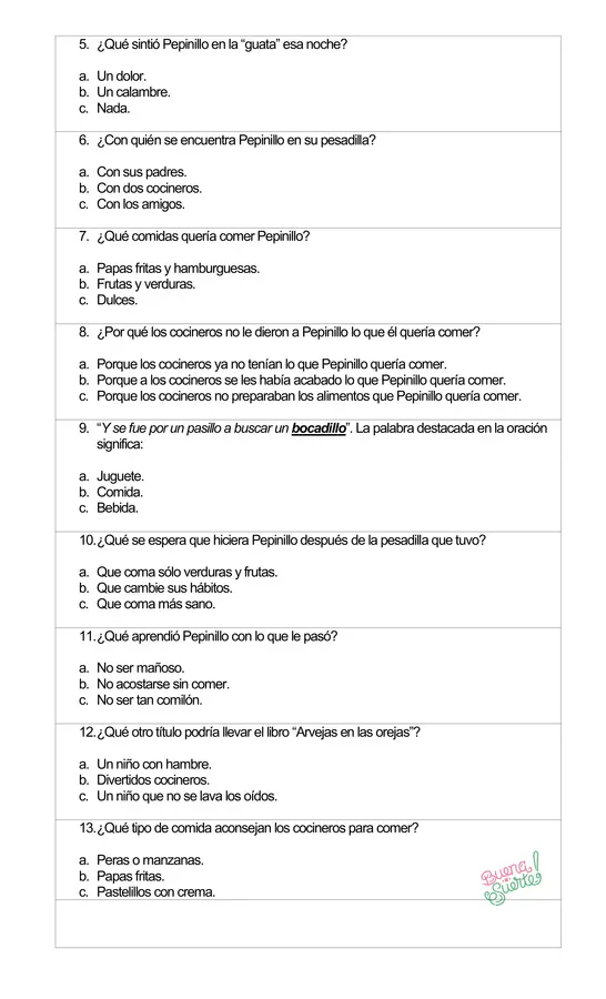 Prueba del libro Arvejas en las orejas. 