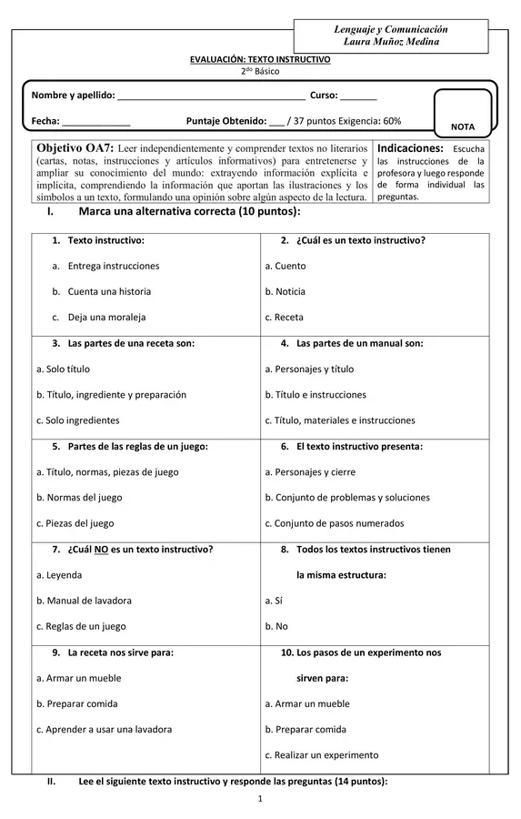 Evaluación de lenguaje texto instructivo