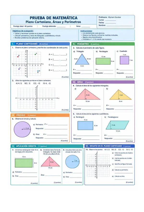 Plano Cartesiano, áreas y perímetros de triángulos, cuadriláteros y circulo.