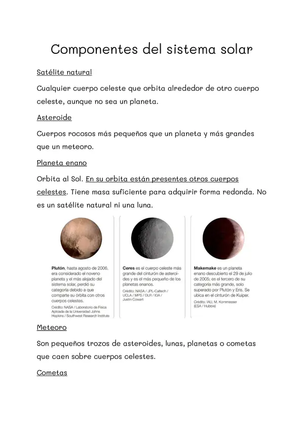 Ficha de componentes del Sistema Solar. Editable