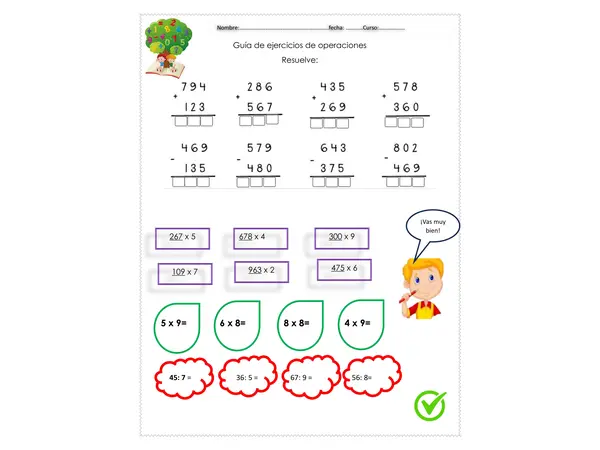 Guía editable de operaciones matemática sumas, restas, multiplicación y divisiones