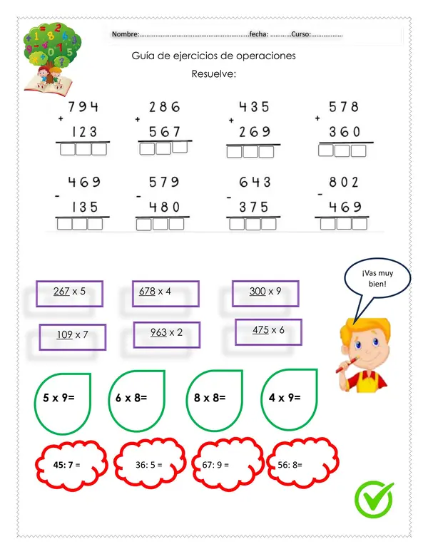 Guía editable de operaciones matemática sumas, restas, multiplicación y divisiones