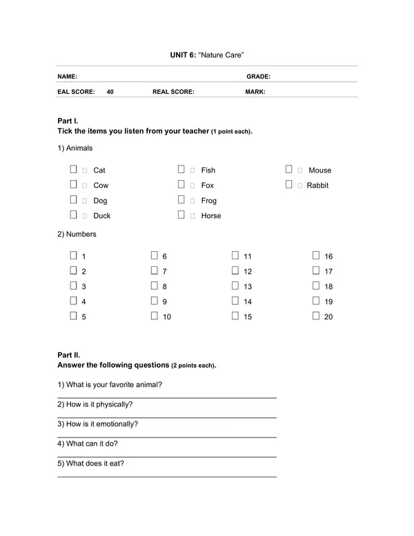 Evaluacion de Ingles 6 Basico: Nature Care