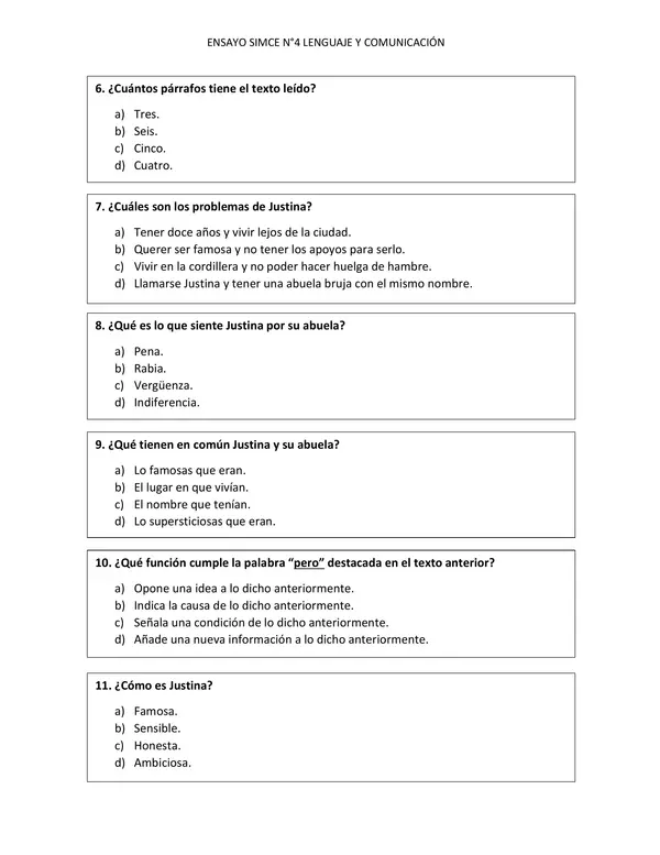 Ensayo SIMCE N°4 Lenguaje y comunicación