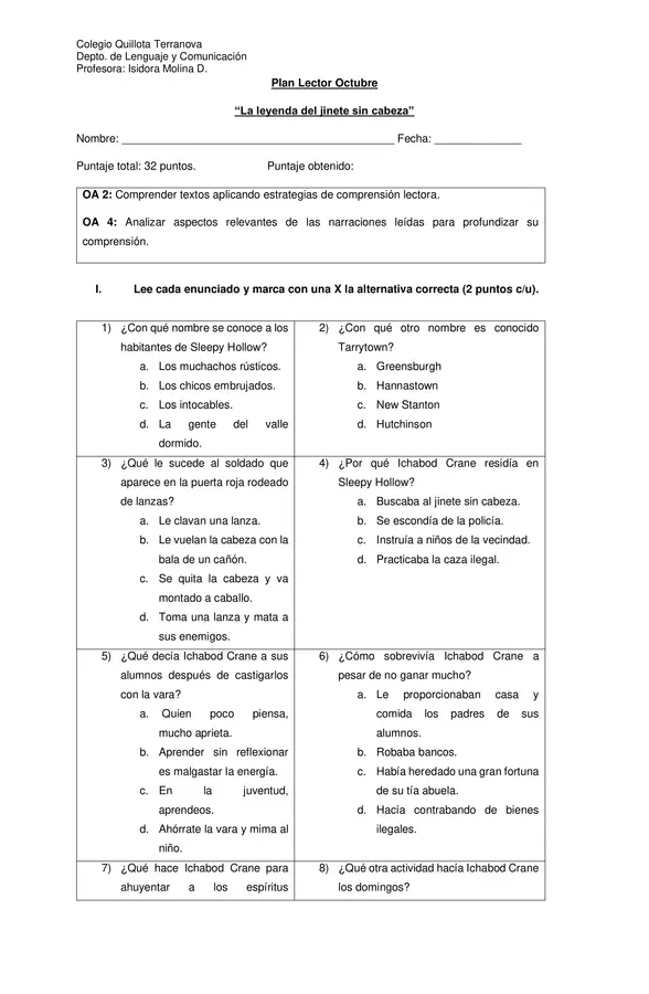 Evaluación Plan Lector "La leyenda del jinete sin cabeza"