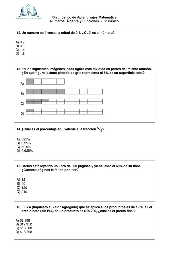 Diagnóstico Matemática 8° Básico, Números, Algebra y Funciones con pauta de respuesta.