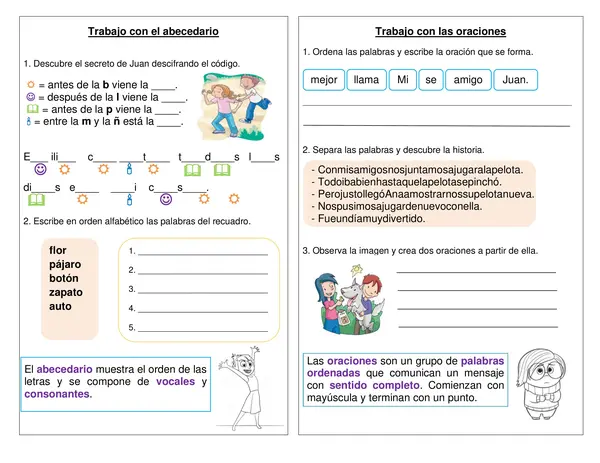 Guía de síntesis "Abecedario y formar oraciones" segundo año básico.