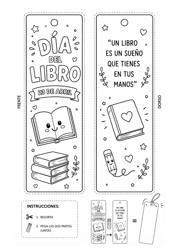 Marcapáginas Día del Libro colorear | Bookmark Señalador de libros  23 de abril PDF