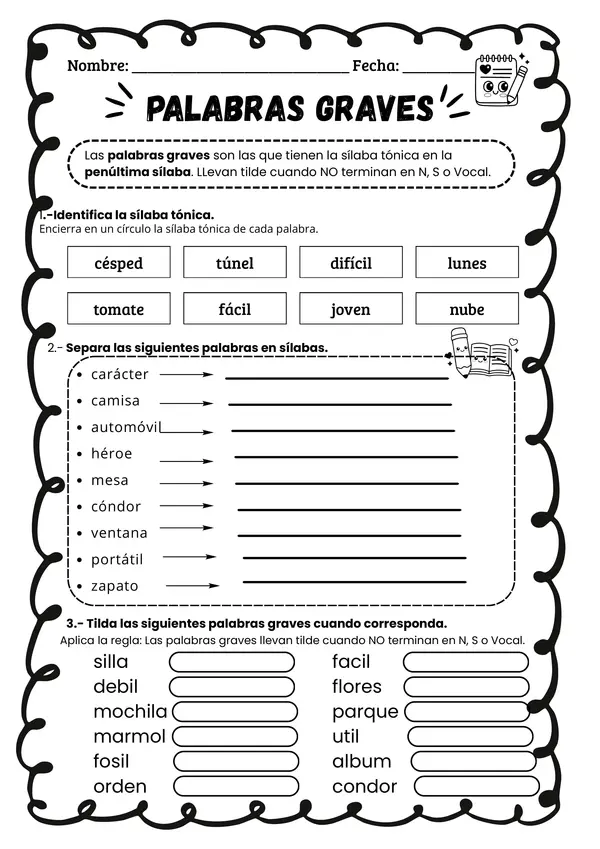 Fichas educativas de palabras agudas - graves y esdrújulas