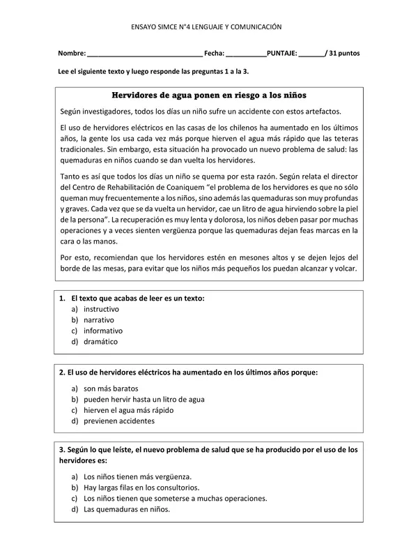 Ensayo SIMCE N°4 Lenguaje Y Comunicación | Profe.social