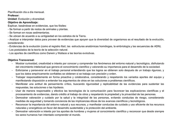 Planificación Clase a Clase Marzo - Ciencias Naturales - Biología - 1° Medio