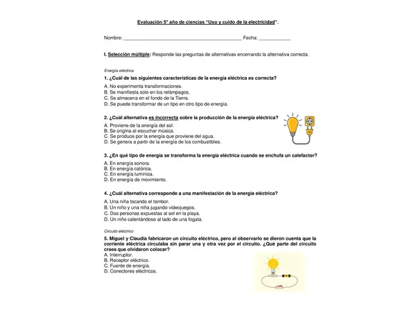 Evaluación de ciencias 5° año "Electricidad".