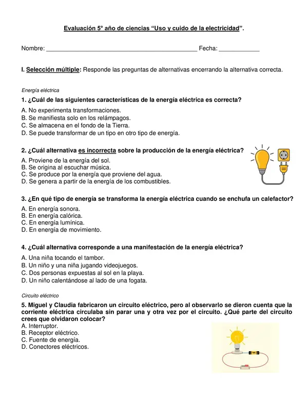 Evaluación de ciencias 5° año "Electricidad".