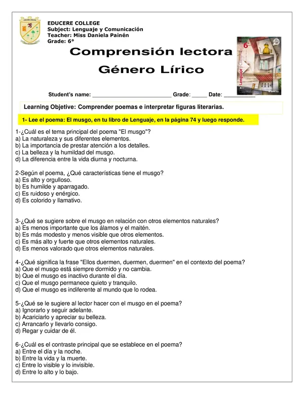 Comprensión de poemas Texto escolar 2024 6to básico