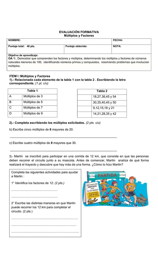 Evaluación Formativa  múltiplos, factores y divisores "
