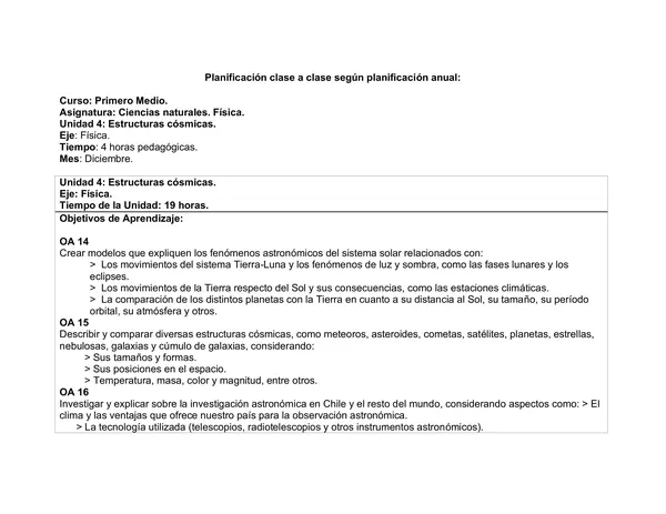 Planificación Clase a Clase Diciembre - Ciencias Naturales - Física - 1° Medio