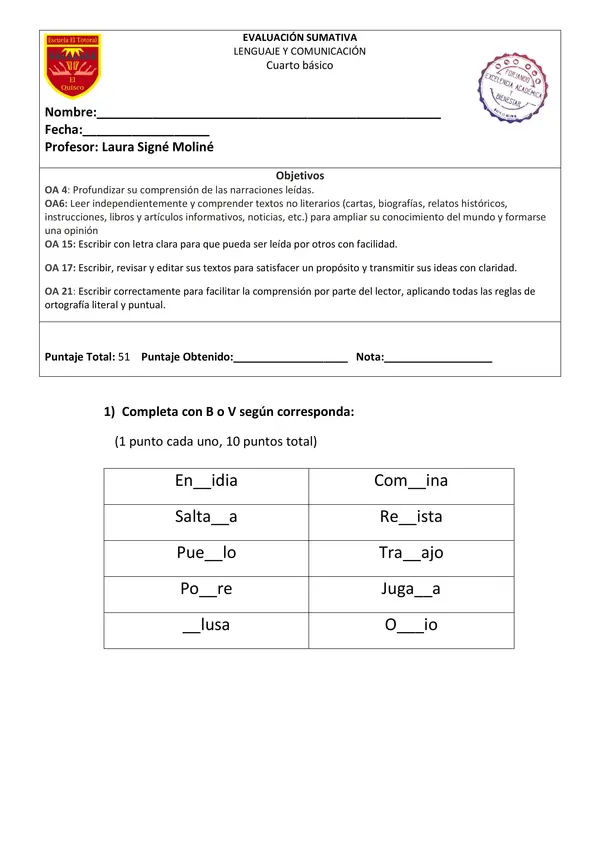 Evaluación sumativa Lenguaje y Comunicación