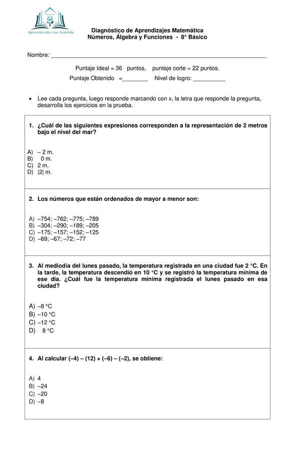 Diagnóstico Matemática 8° Básico, Números, Algebra y Funciones con pauta de respuesta.