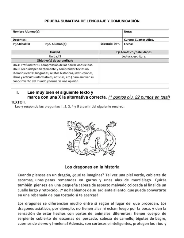 Evaluación tipo SIMCE Lenguaje