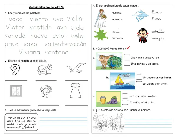 Guía 1° básico "Actividades con la letra V"