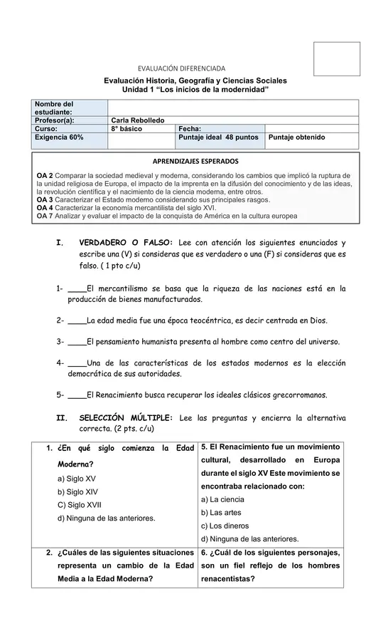 evaluación de Historia" Los inicios de la Modernidad"