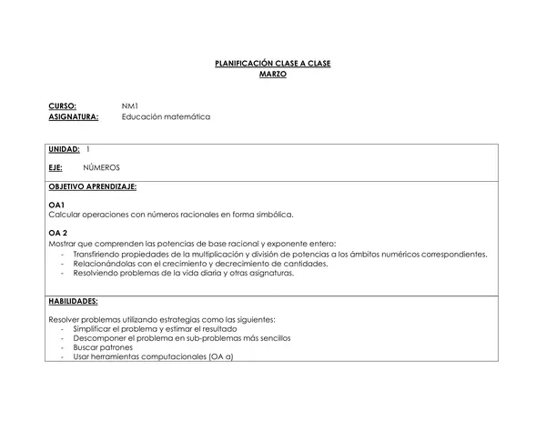 Planificación Clase a Clase Marzo - Matemática 1° Medio