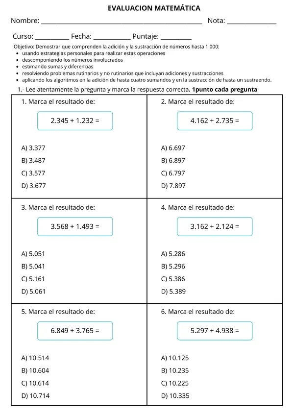 Prueba Resolución de problemas con Sumas, Restas hasta 10.000