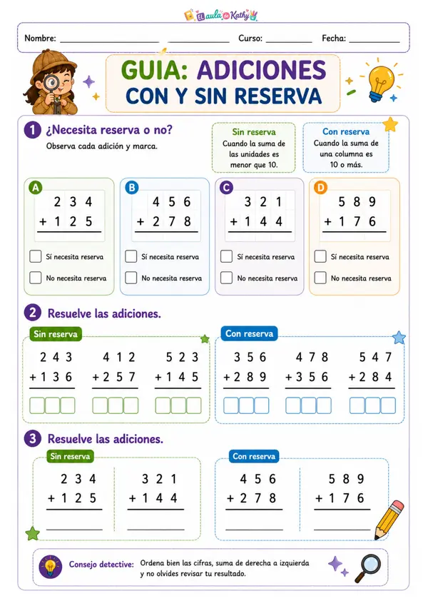 GUÍA DE TRABAJO: ADICIONES CON Y SIN RESERVA DE 3 DÍGITOS