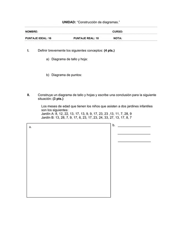 Evaluacion de Matematica 6 Basico: diagramas de tallo y hoja