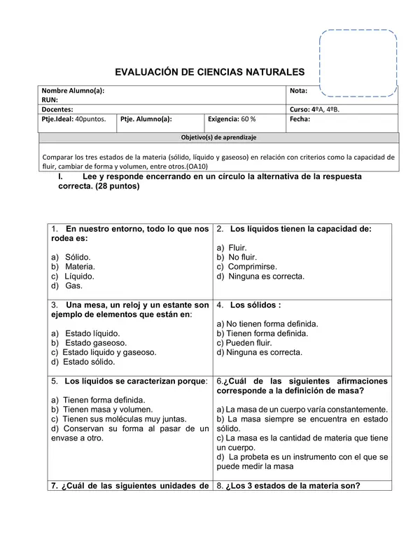 Prueba de Ciencias 4° Básico