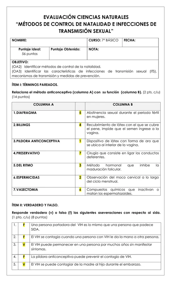 Prueba 7° - Métodos de control de natalidad y ITS