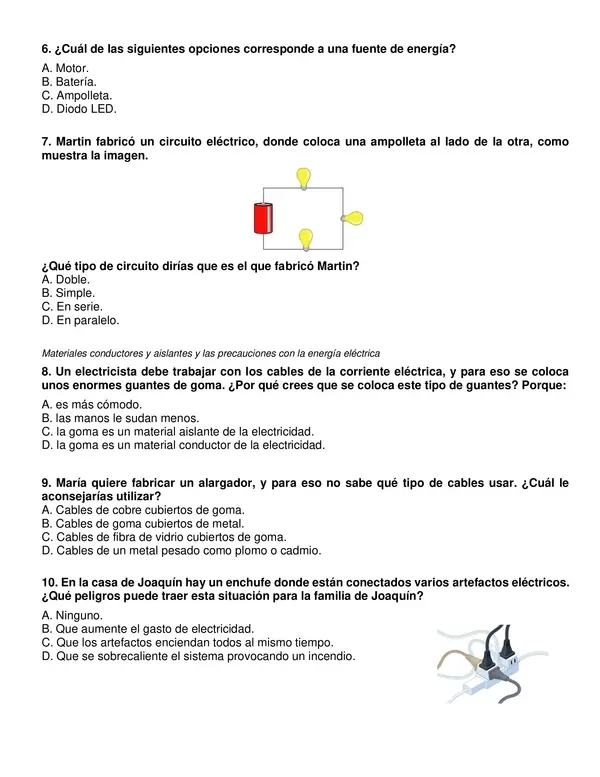 Evaluación de ciencias 5° año "Electricidad".