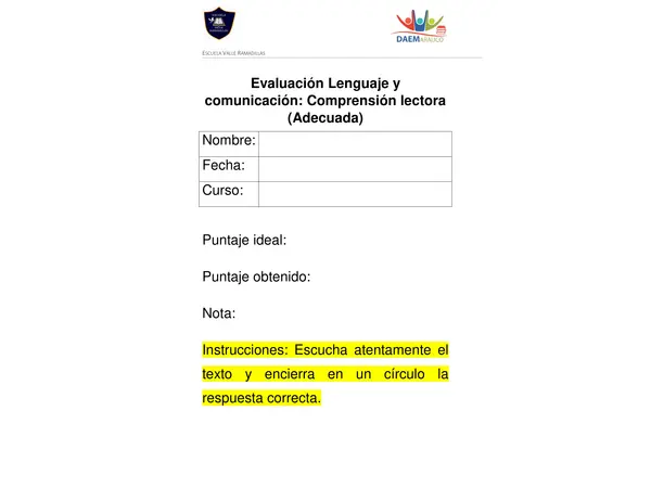 Evaluación comprensión lectora adaptada con pictogramas