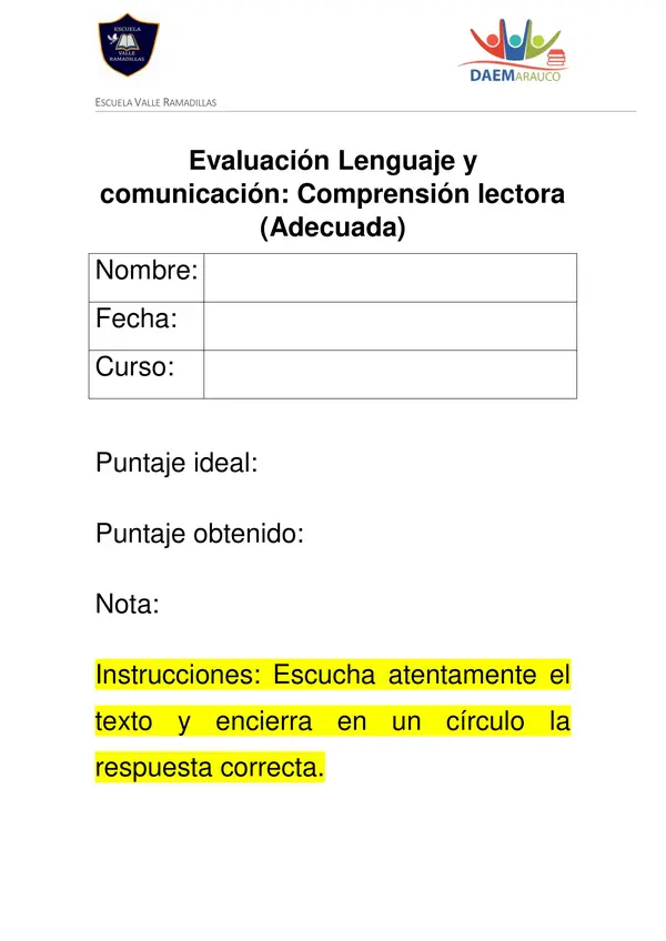 Evaluación comprensión lectora adaptada con pictogramas