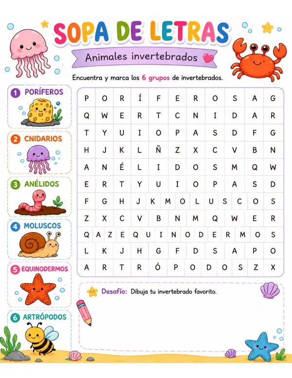 Sopa de letras animales invertebrados