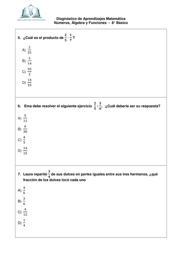 Diagnóstico Matemática 8° Básico, Números, Algebra y Funciones con pauta de respuesta.
