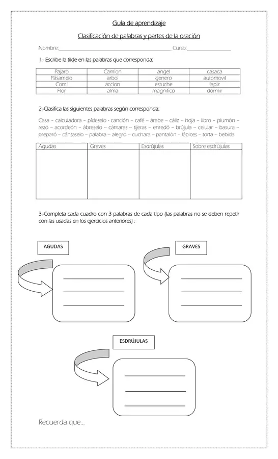 Clasificación palabras y partes de la oración