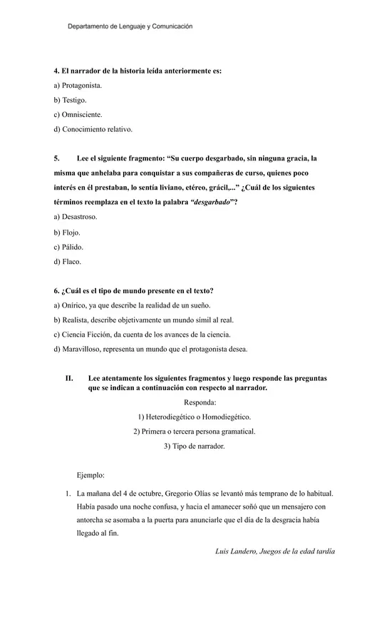 Evaluación de Narrativa: Comprensión, Tipos de Narrador, Tópicos Literarios y Escritura Creativa