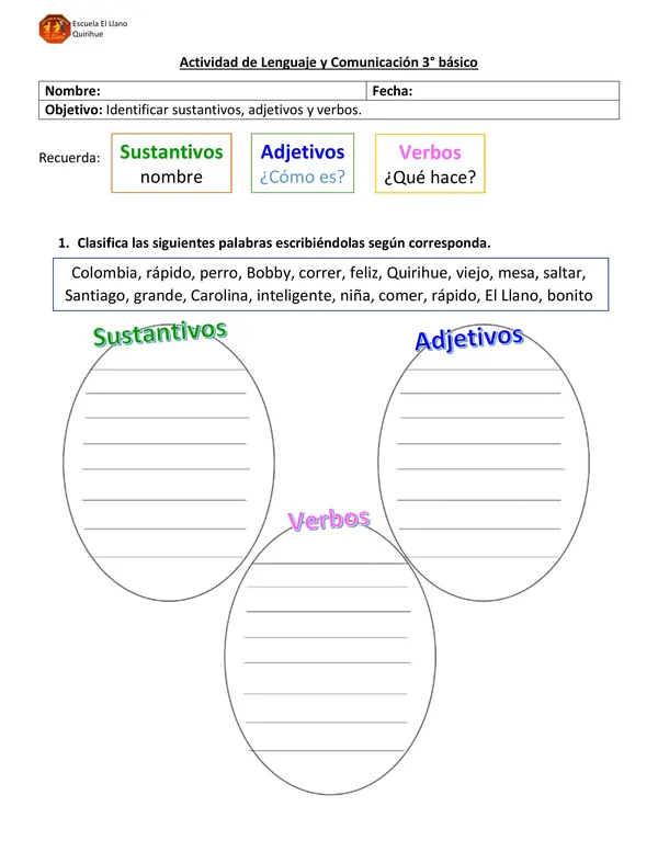 Guía de sustantivos, adjetivos y verbos. 