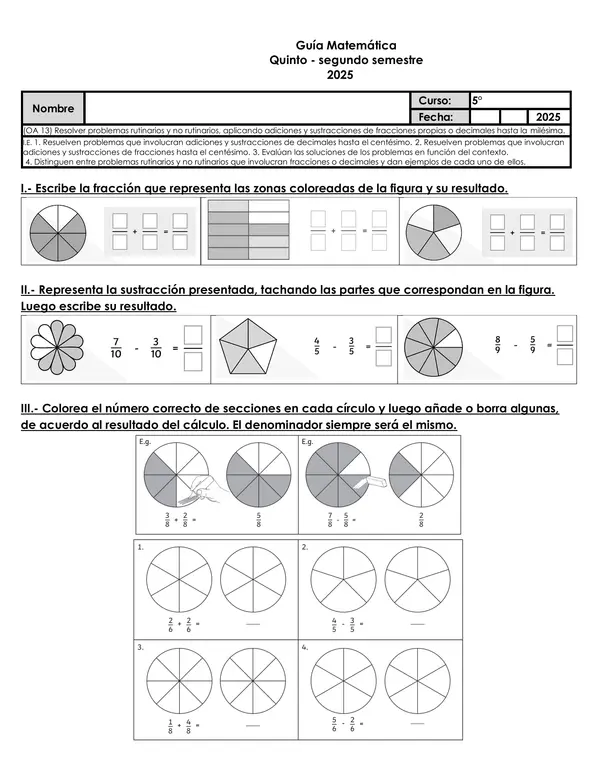 5to matemática OA13: Sumas y Restas de Fracciones y Decimales con Problemas