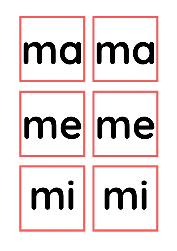 Tarjetas sílaba inicial MA, ME, MI, MO, MU 