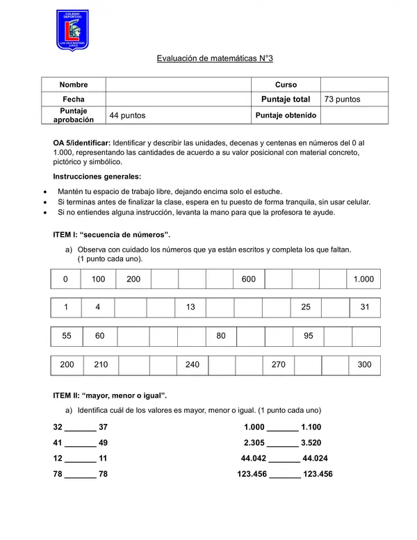Evaluación de matemáticas