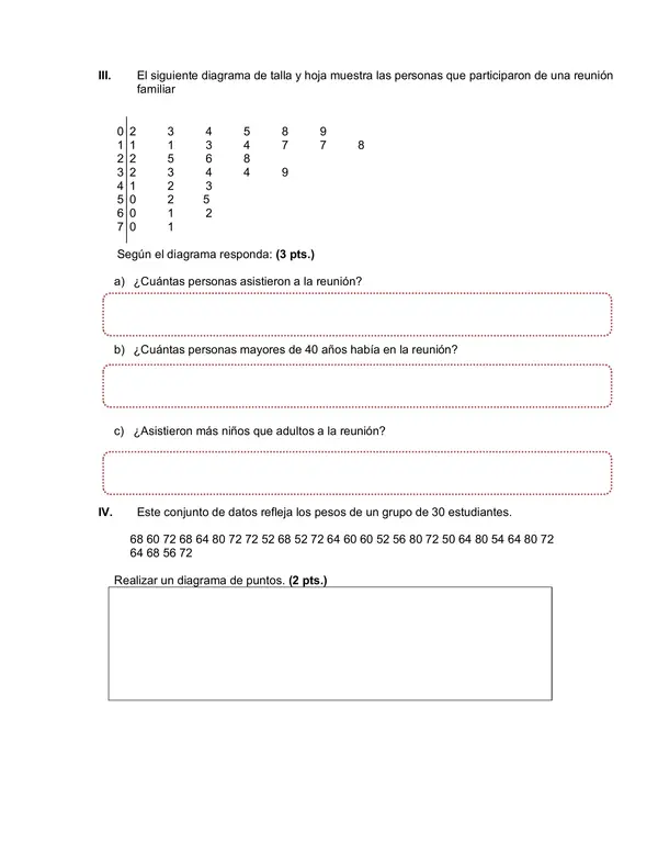Evaluacion de Matematica 6 Basico: diagramas de tallo y hoja